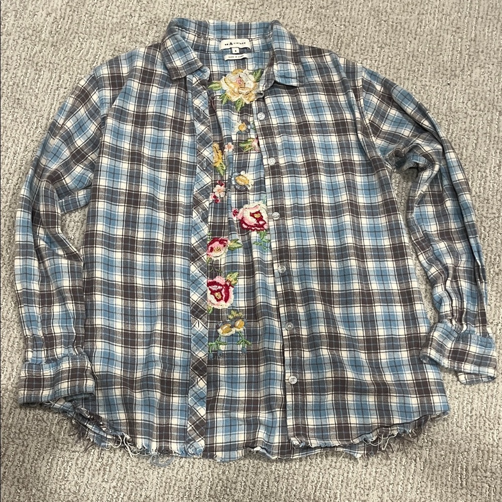 MM Vintage Embroidered Plaid Button-Up Shirt in Blue and Brown and White